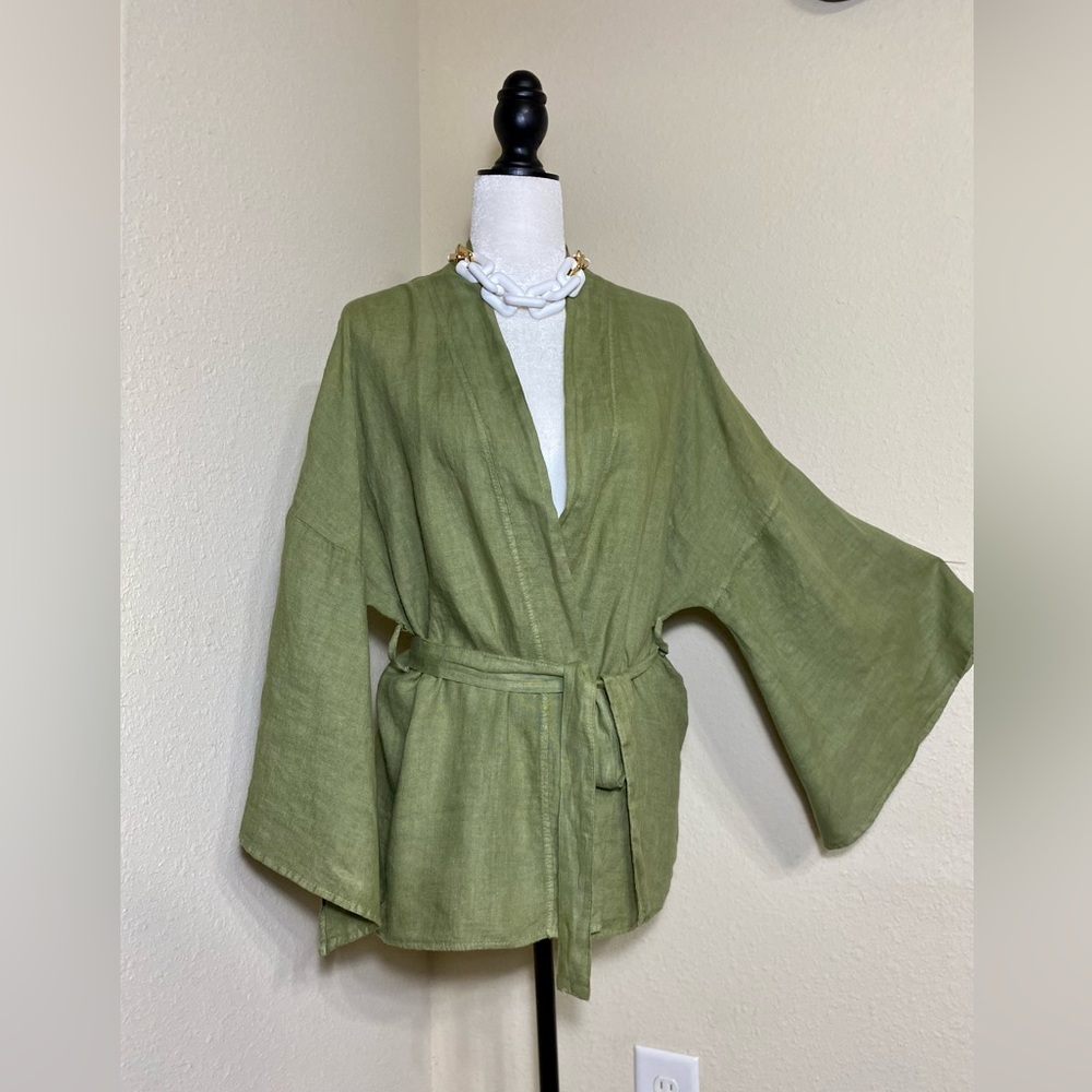 Linen Lightweight Jacket Kimono Belted Italy One Size - Picture 4 of 9